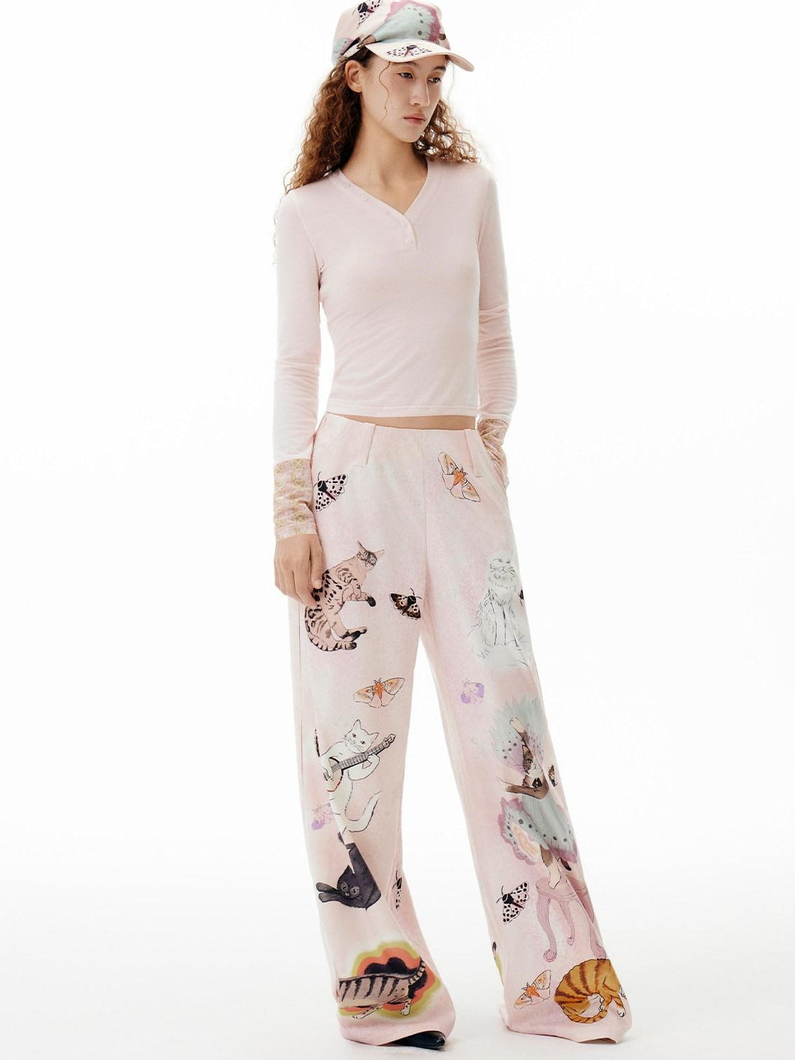 OuttheBlue Breathable Lyocell Wool Slim Fit V-neck Patchwork Pink Long Sleeve T-Shirts