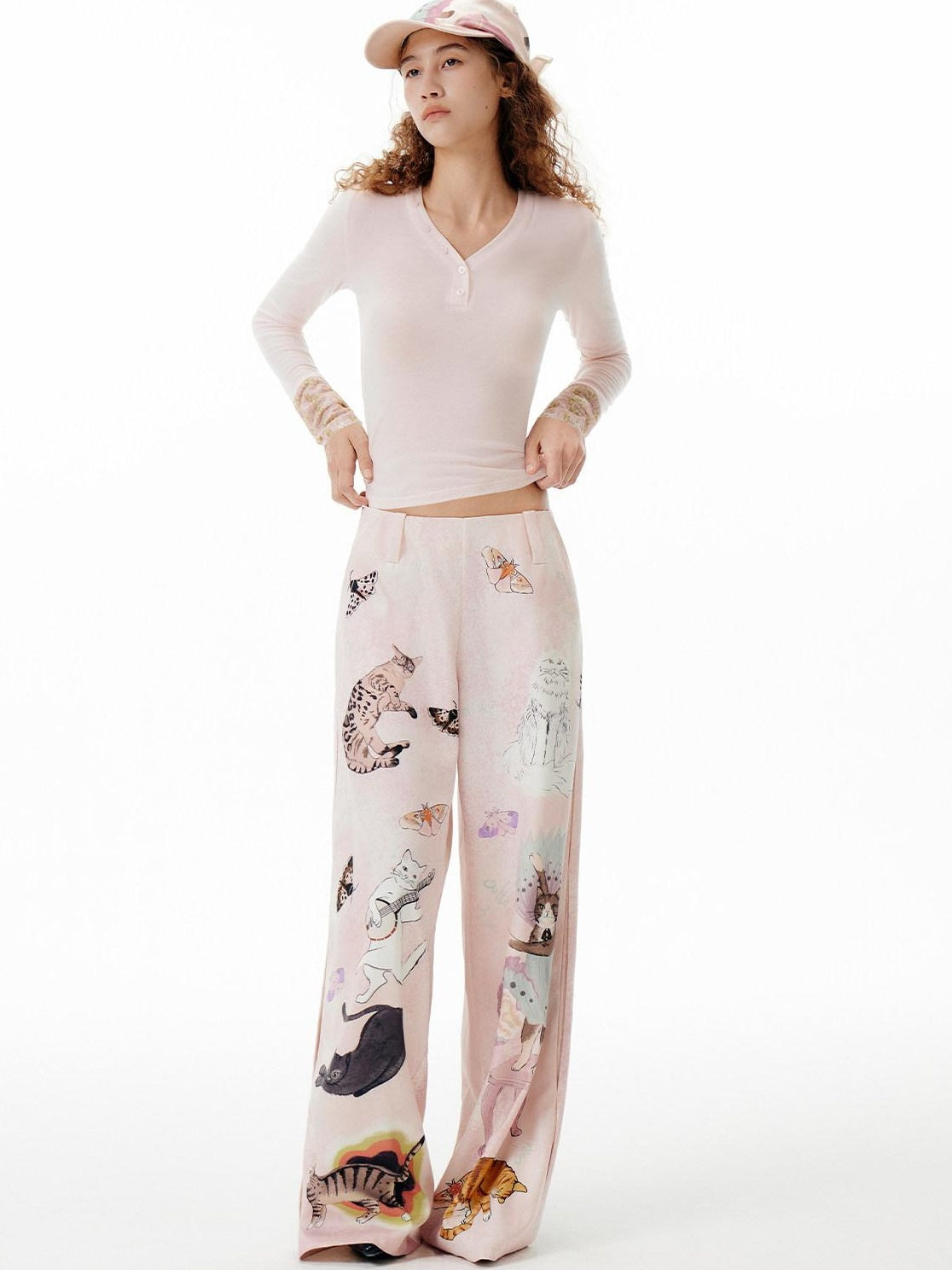 OuttheBlue Breathable Lyocell Wool Slim Fit V-neck Patchwork Pink Long Sleeve T-Shirts