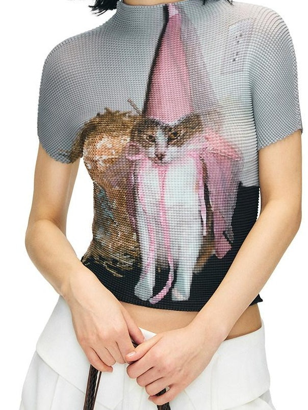 OuttheBlue Breathable Slim Mockneck Printed Ladies Gray Polyester Short Sleeve T-Shirts
