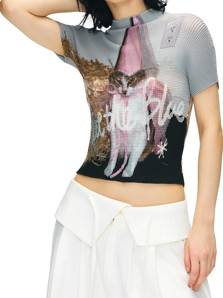 OuttheBlue Breathable Slim Mockneck Printed Ladies Gray Polyester Short Sleeve T-Shirts