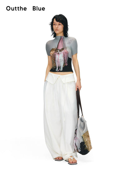 OuttheBlue Breathable Slim Mockneck Printed Ladies Gray Polyester Short Sleeve T-Shirts