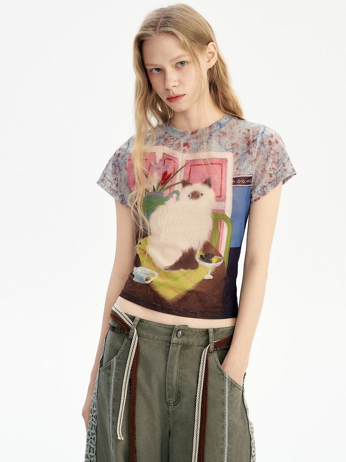 OuttheBlue Breathable Vintage Printed Slim Crop Crewneck Stretch Short Sleeve T-Shirts