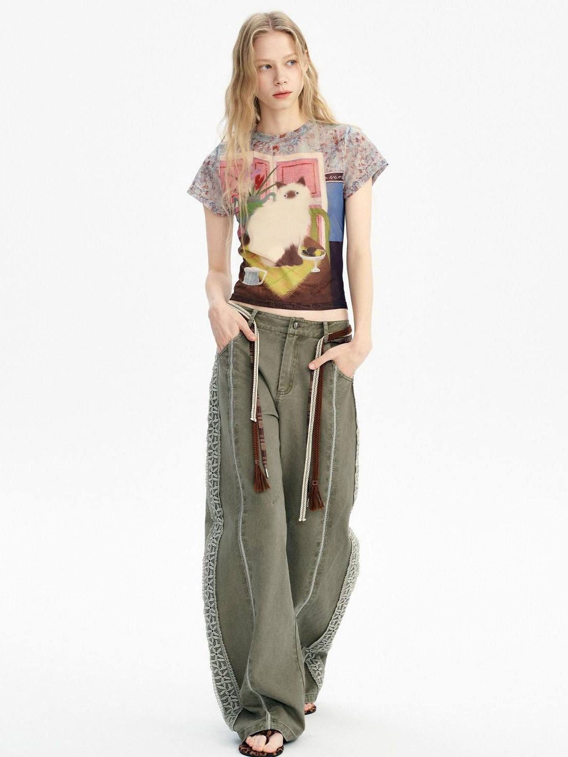 OuttheBlue Breathable Vintage Printed Slim Crop Crewneck Stretch Short Sleeve T-Shirts