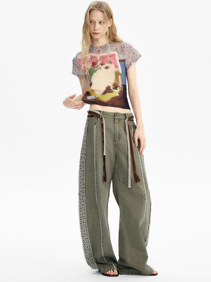 OuttheBlue Breathable Vintage Printed Slim Crop Crewneck Stretch Short Sleeve T-Shirts