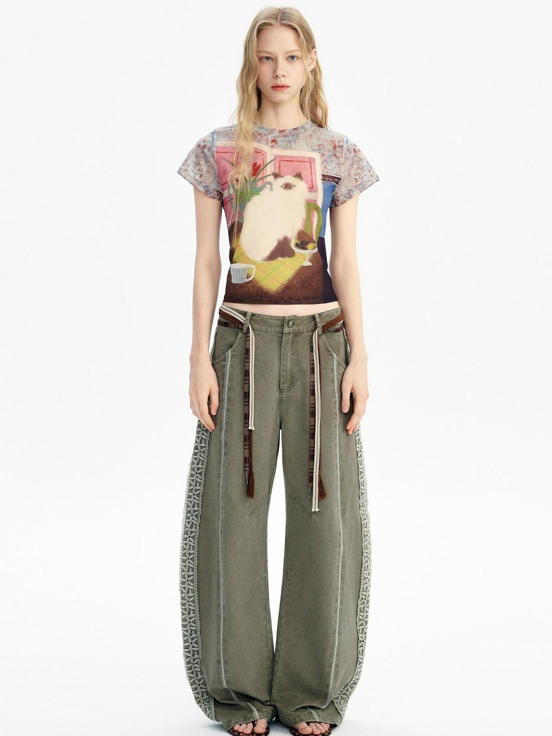 OuttheBlue Breathable Vintage Printed Slim Crop Crewneck Stretch Short Sleeve T-Shirts