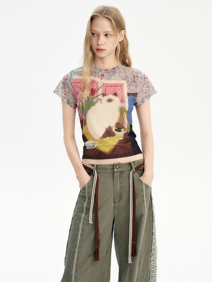 OuttheBlue Breathable Vintage Printed Slim Crop Crewneck Stretch Short Sleeve T-Shirts