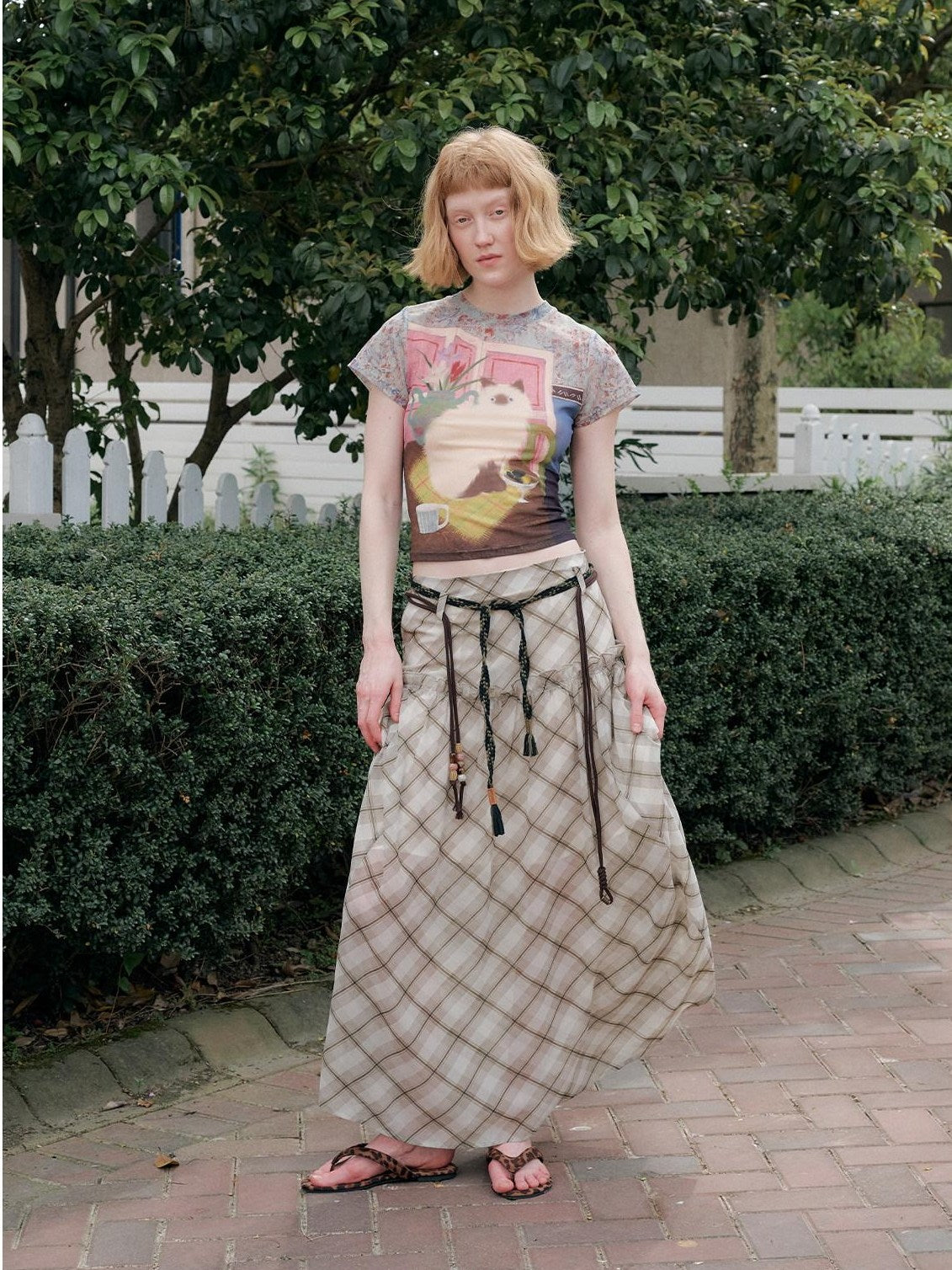 OuttheBlue Breathable Vintage Printed Slim Crop Crewneck Stretch Short Sleeve T-Shirts