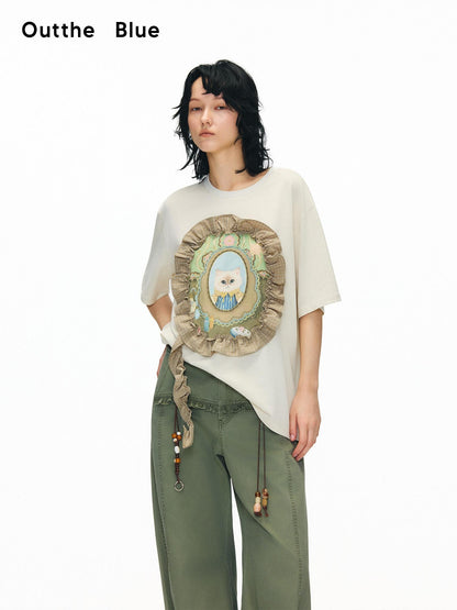 OuttheBlue Breathable Vintage Ruffle Loose Women Lyocell Linen Cotton Short Sleeve T-Shirts