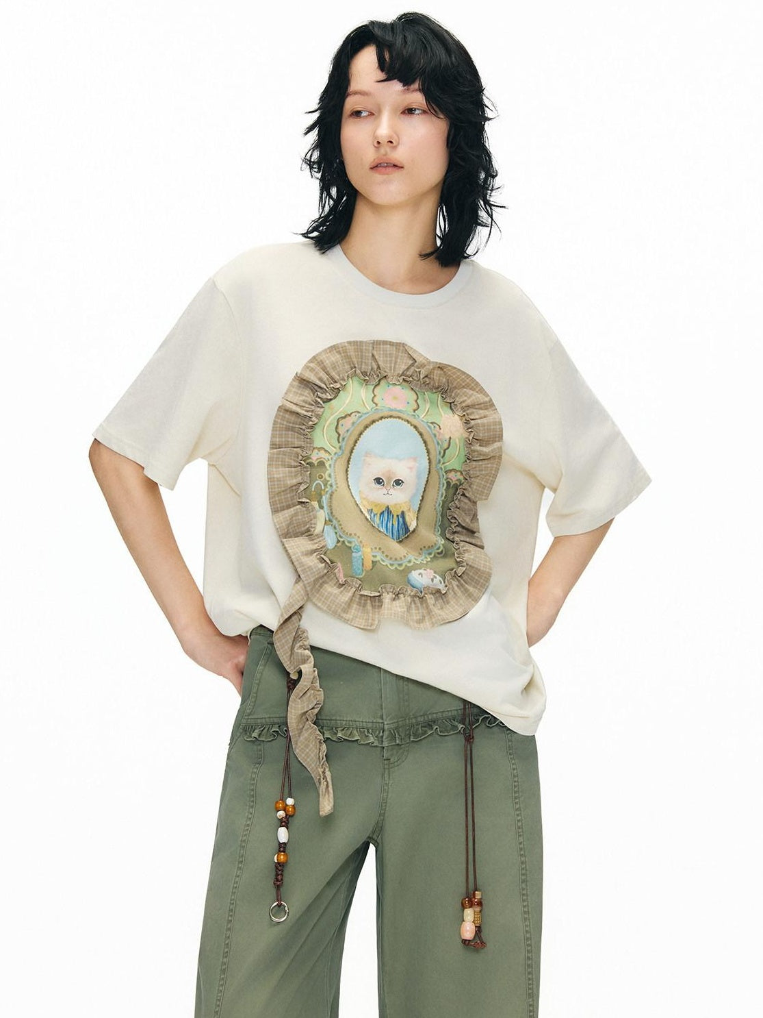 OuttheBlue Breathable Vintage Ruffle Loose Women Lyocell Linen Cotton Short Sleeve T-Shirts