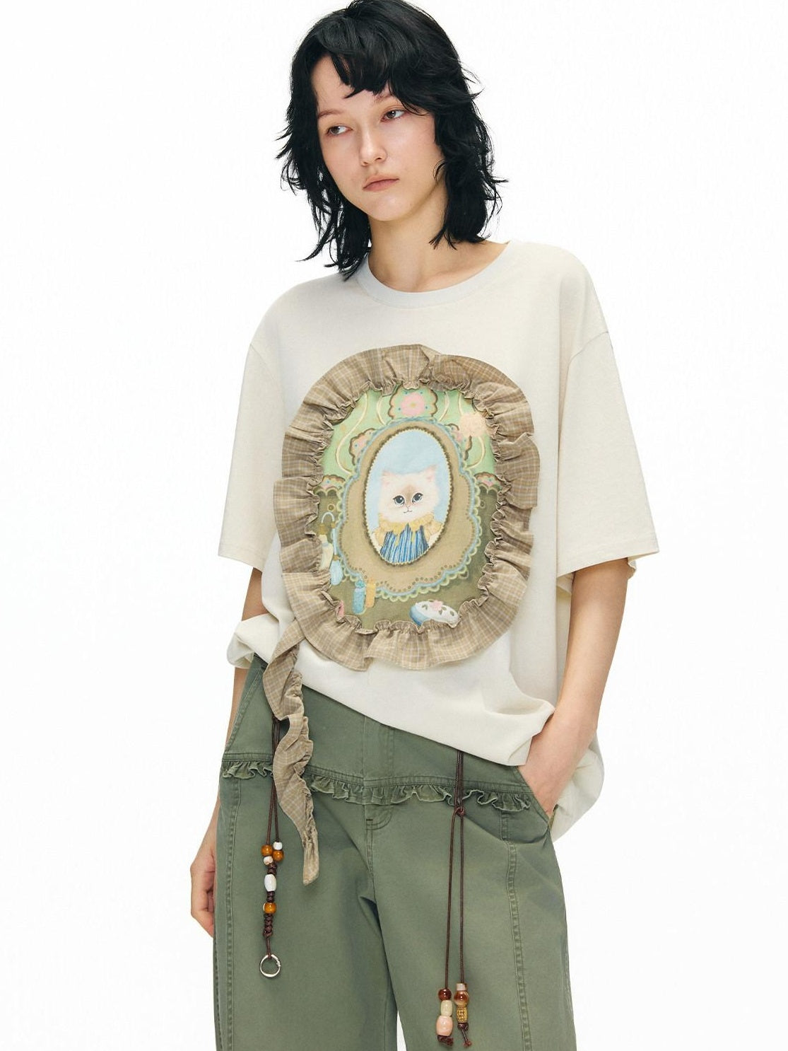 OuttheBlue Breathable Vintage Ruffle Loose Women Lyocell Linen Cotton Short Sleeve T-Shirts