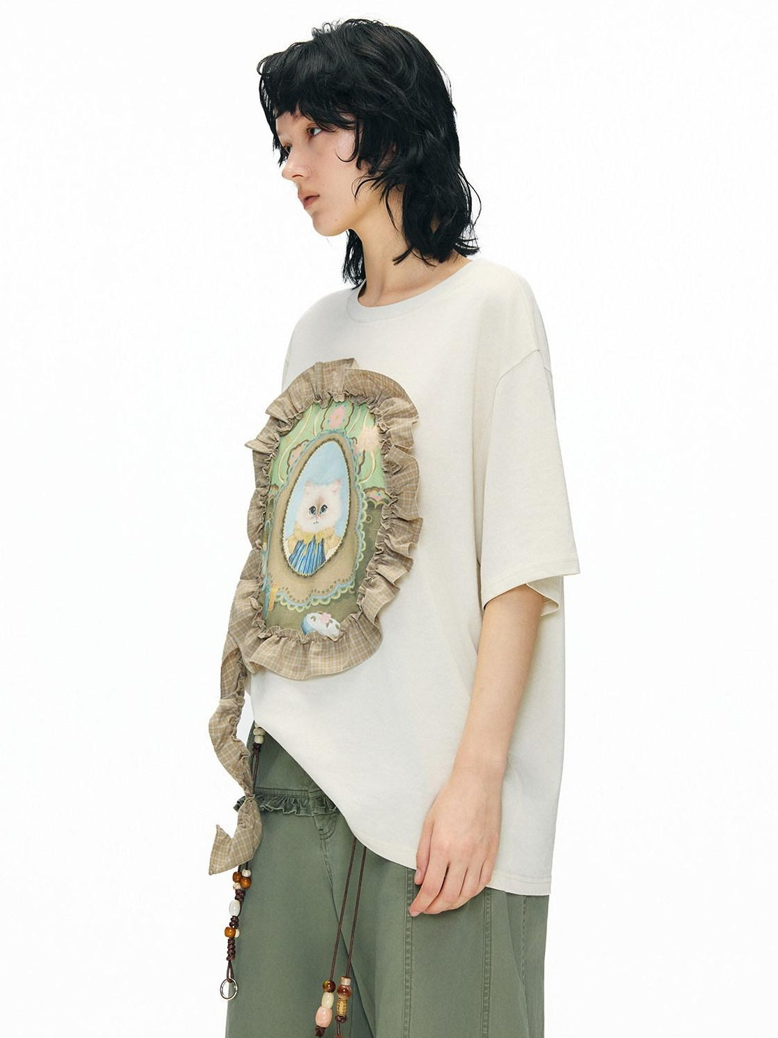 OuttheBlue Breathable Vintage Ruffle Loose Women Lyocell Linen Cotton Short Sleeve T-Shirts