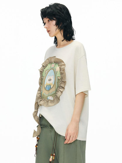 OuttheBlue Breathable Vintage Ruffle Loose Women Lyocell Linen Cotton Short Sleeve T-Shirts