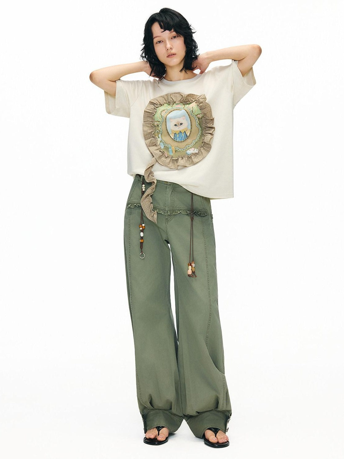OuttheBlue Breathable Vintage Ruffle Loose Women Lyocell Linen Cotton Short Sleeve T-Shirts