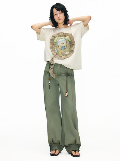 OuttheBlue Breathable Vintage Ruffle Loose Women Lyocell Linen Cotton Short Sleeve T-Shirts