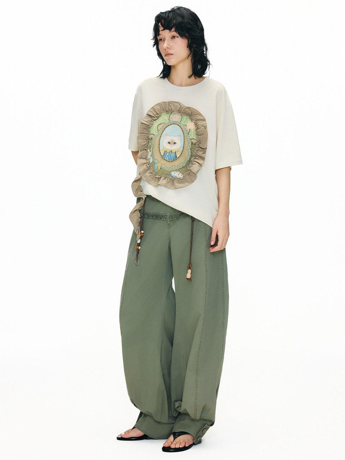 OuttheBlue Breathable Vintage Ruffle Loose Women Lyocell Linen Cotton Short Sleeve T-Shirts