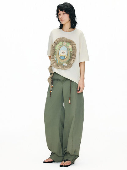 OuttheBlue Breathable Vintage Ruffle Loose Women Lyocell Linen Cotton Short Sleeve T-Shirts