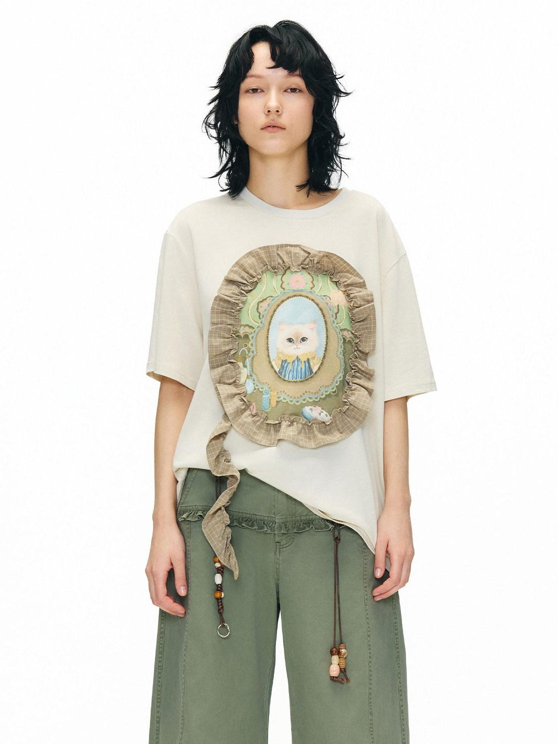 OuttheBlue Breathable Vintage Ruffle Loose Women Lyocell Linen Cotton Short Sleeve T-Shirts