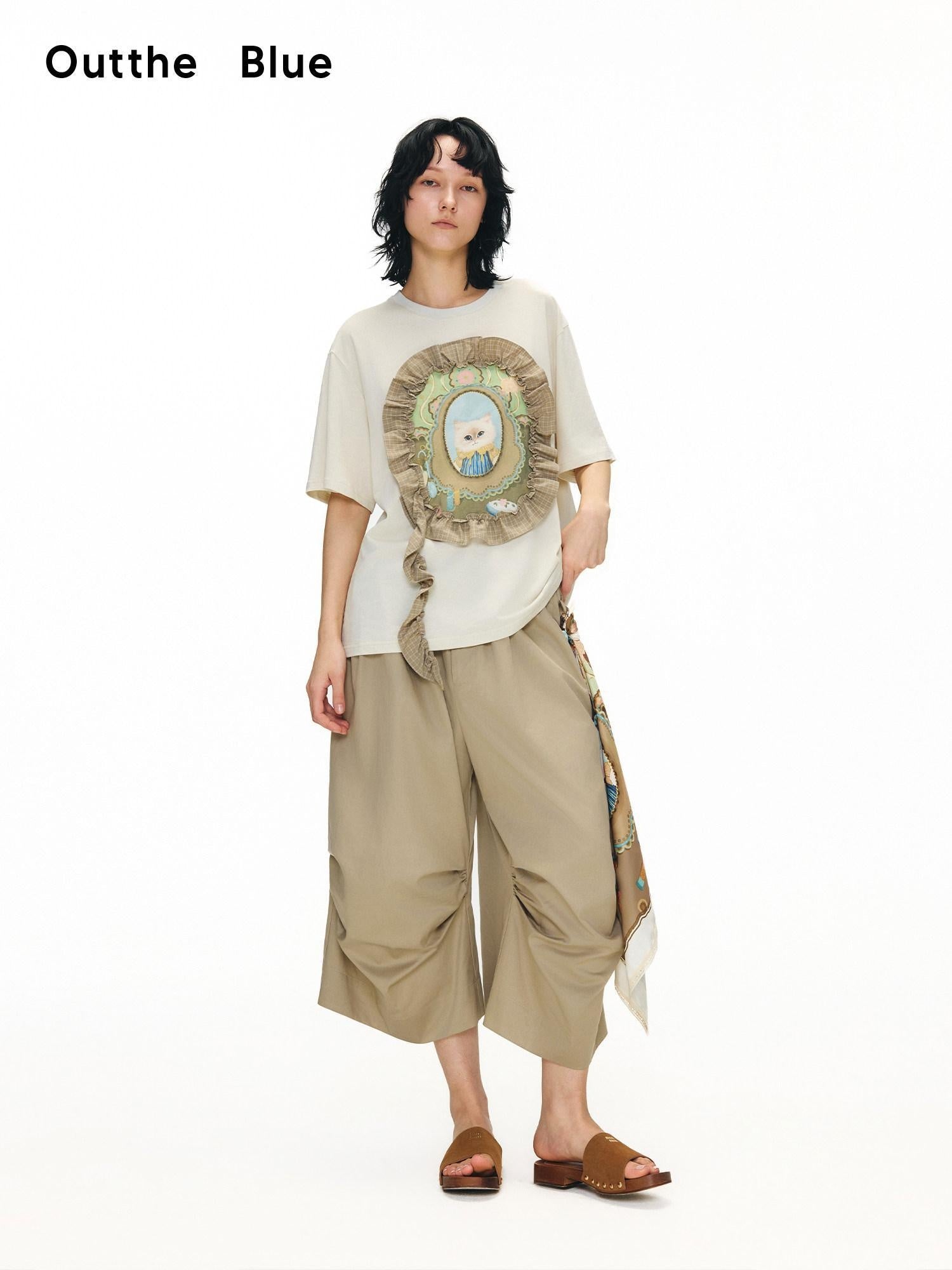 OuttheBlue Breathable Vintage Ruffle Loose Women Lyocell Linen Cotton Short Sleeve T-Shirts