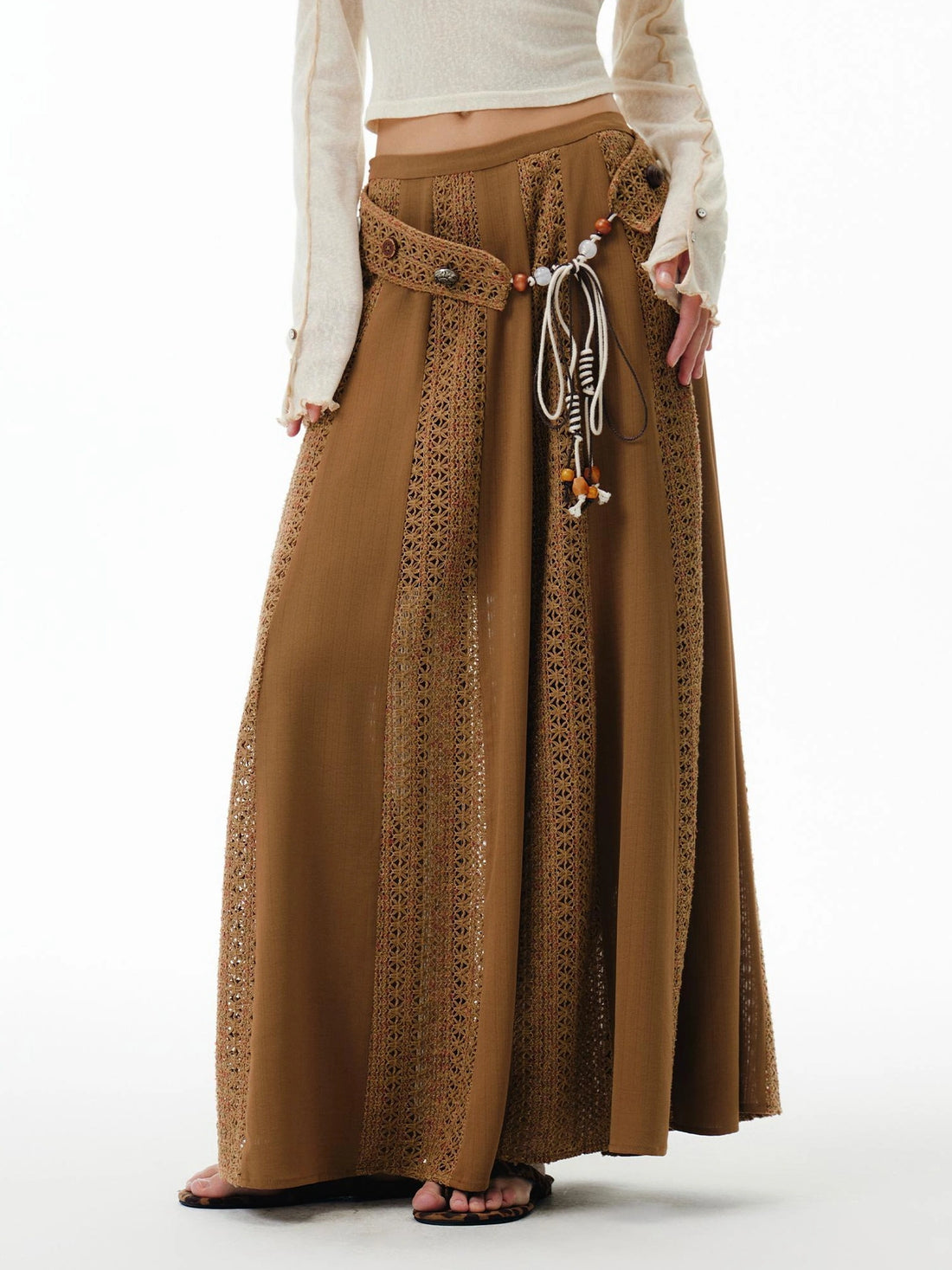 OuttheBlue Brown Lace Panel A Line Maxi Skirt