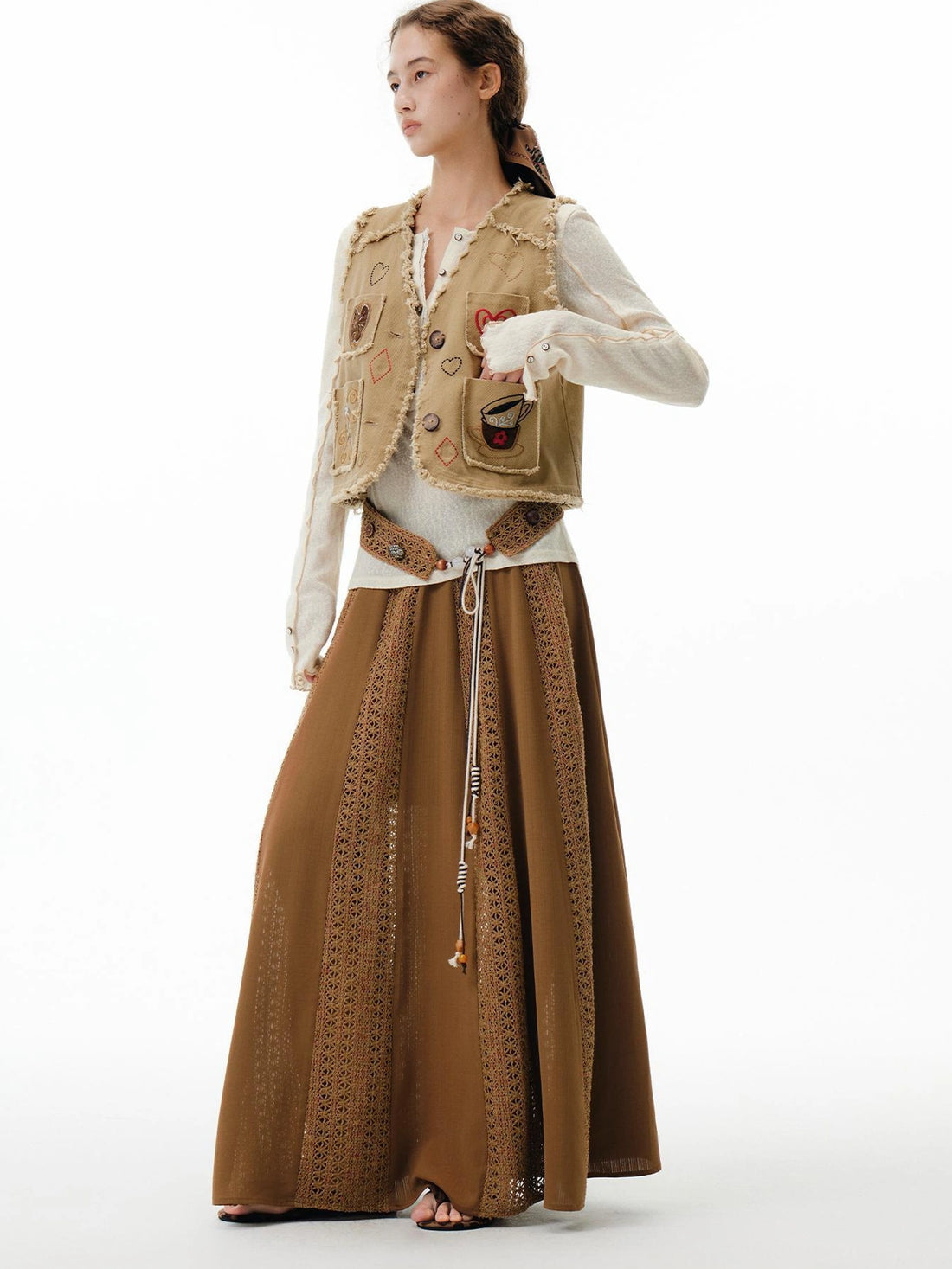OuttheBlue Brown Lace Panel A Line Maxi Skirt