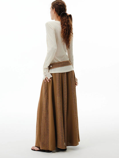 OuttheBlue Brown Lace Panel A Line Maxi Skirt