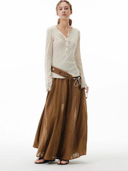 OuttheBlue Brown Lace Panel A Line Maxi Skirt