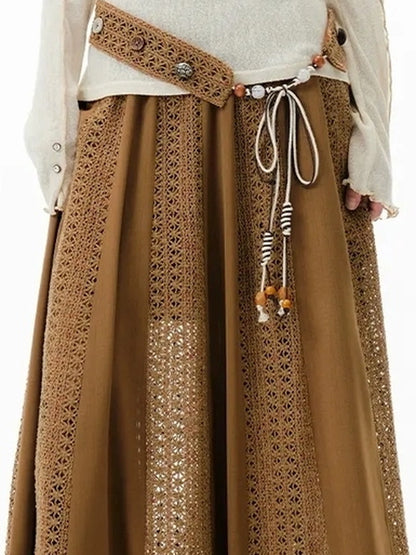 OuttheBlue Brown Lace Panel A Line Maxi Skirt