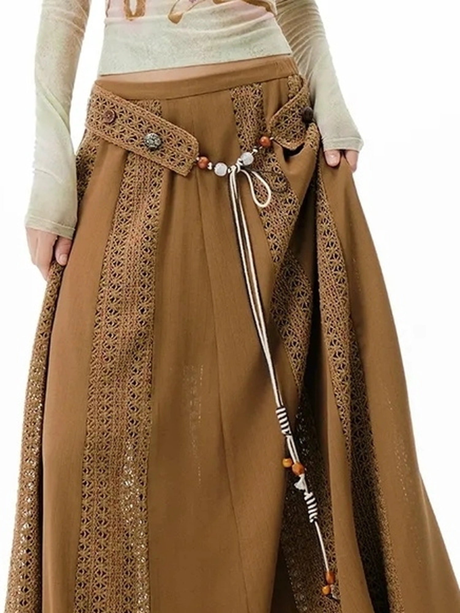 OuttheBlue Brown Lace Panel A Line Maxi Skirt