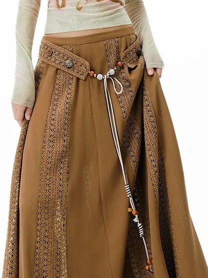 OuttheBlue Brown Lace Panel A Line Maxi Skirt