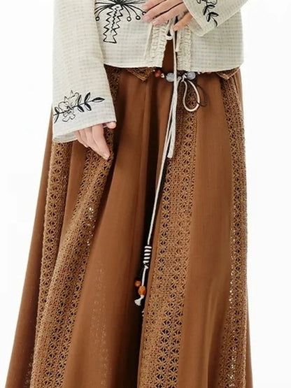 OuttheBlue Brown Lace Panel A Line Maxi Skirt
