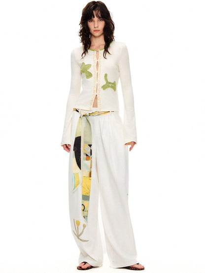 OuttheBlue Bud Green Bird Embroidered Slim Cardigan Women&