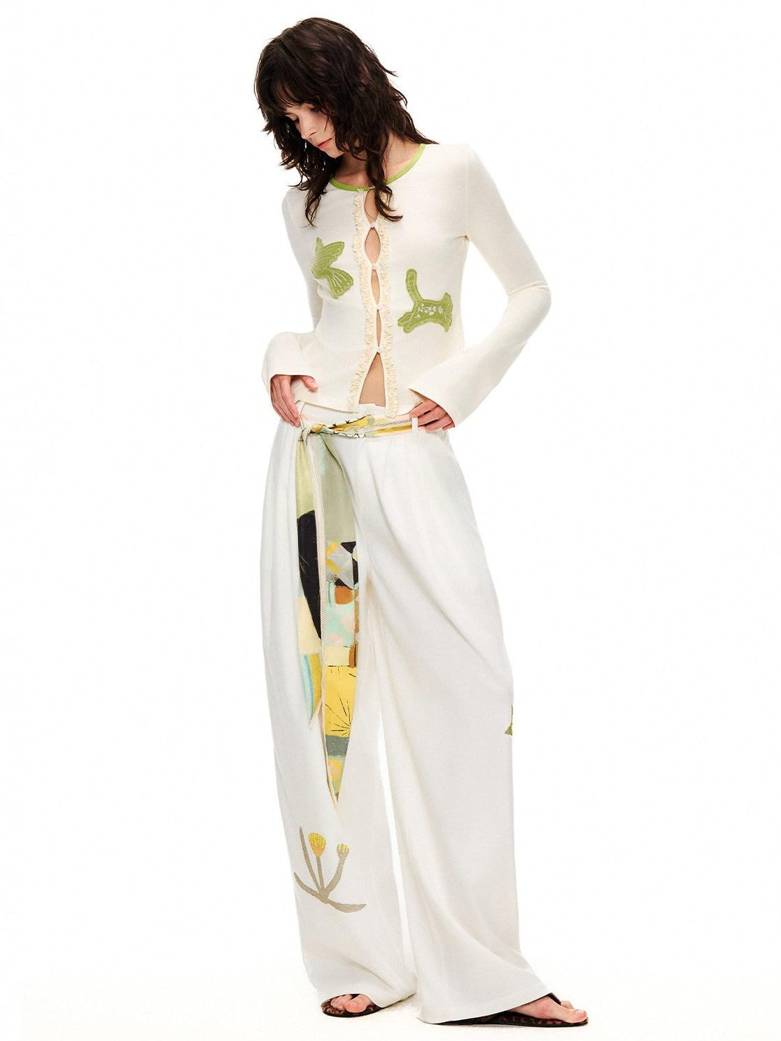 OuttheBlue Bud Green Bird Embroidered Slim Cardigan Women&