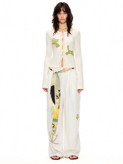 OuttheBlue Bud Green Bird Embroidered Slim Cardigan Women&