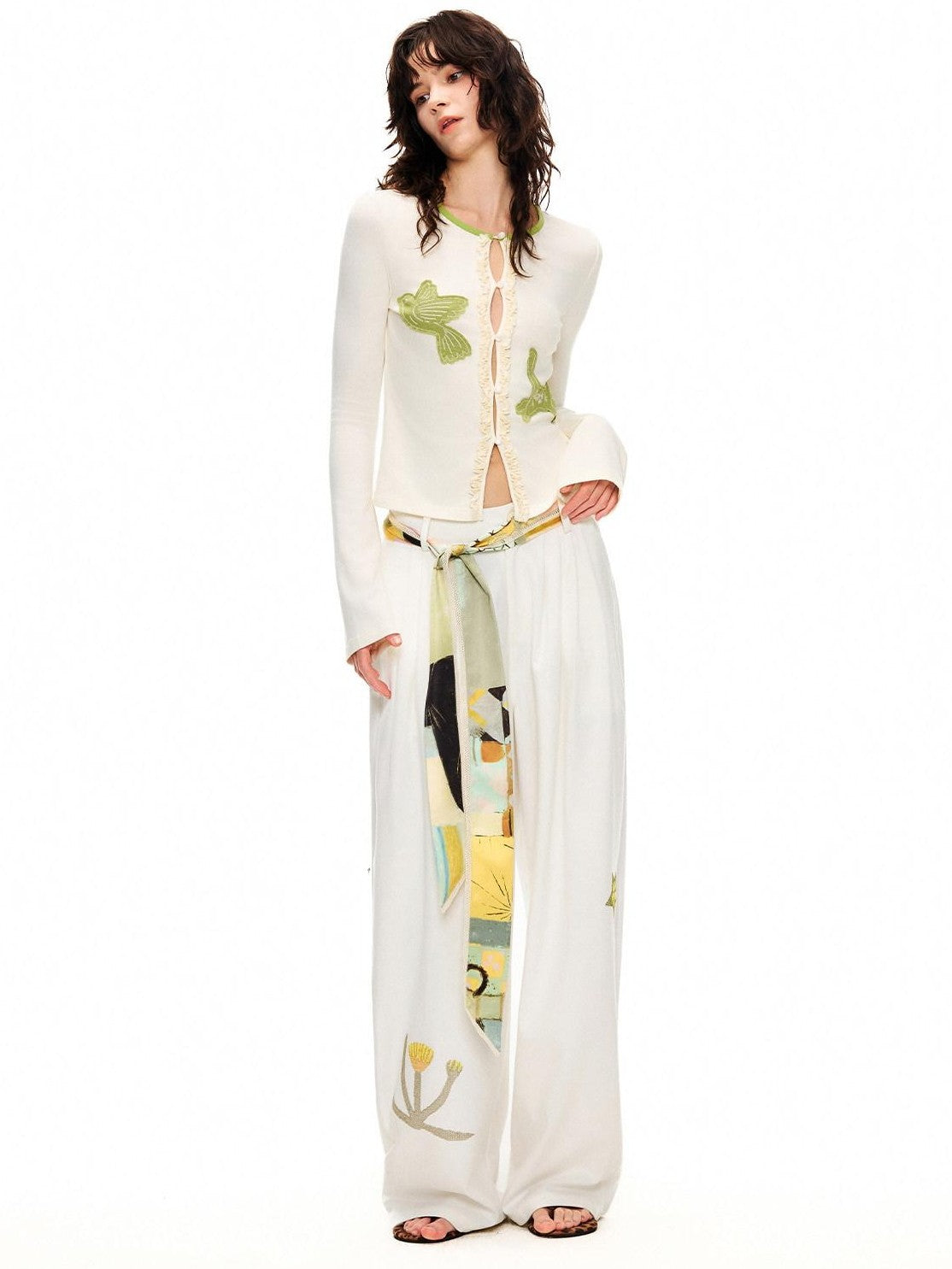 OuttheBlue Bud Green Bird Embroidered Slim Cardigan Women&