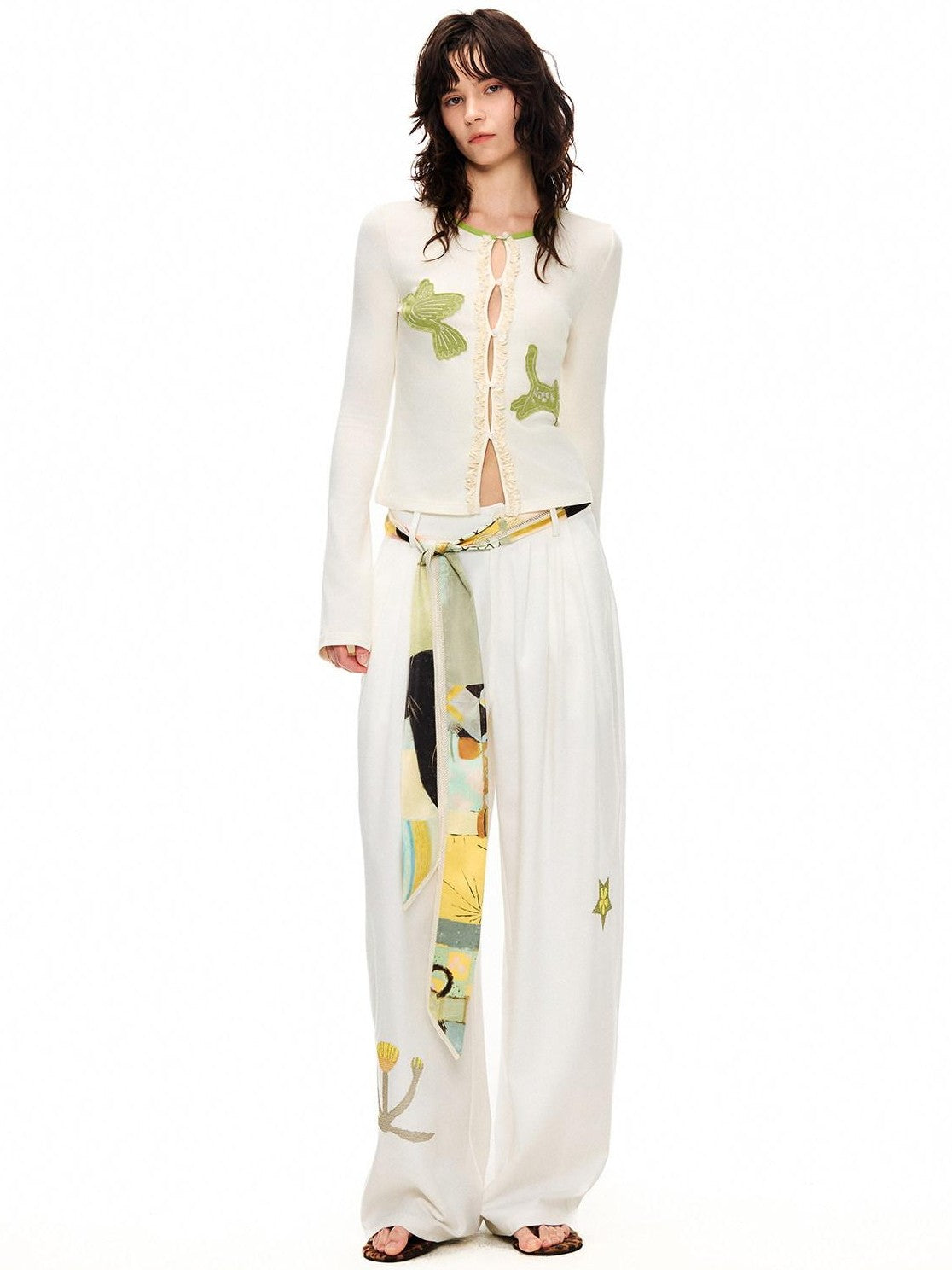 OuttheBlue Bud Green Bird Embroidered Slim Cardigan Women&