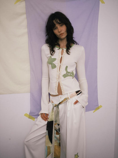 OuttheBlue Bud Green Bird Embroidered Slim Cardigan Women&