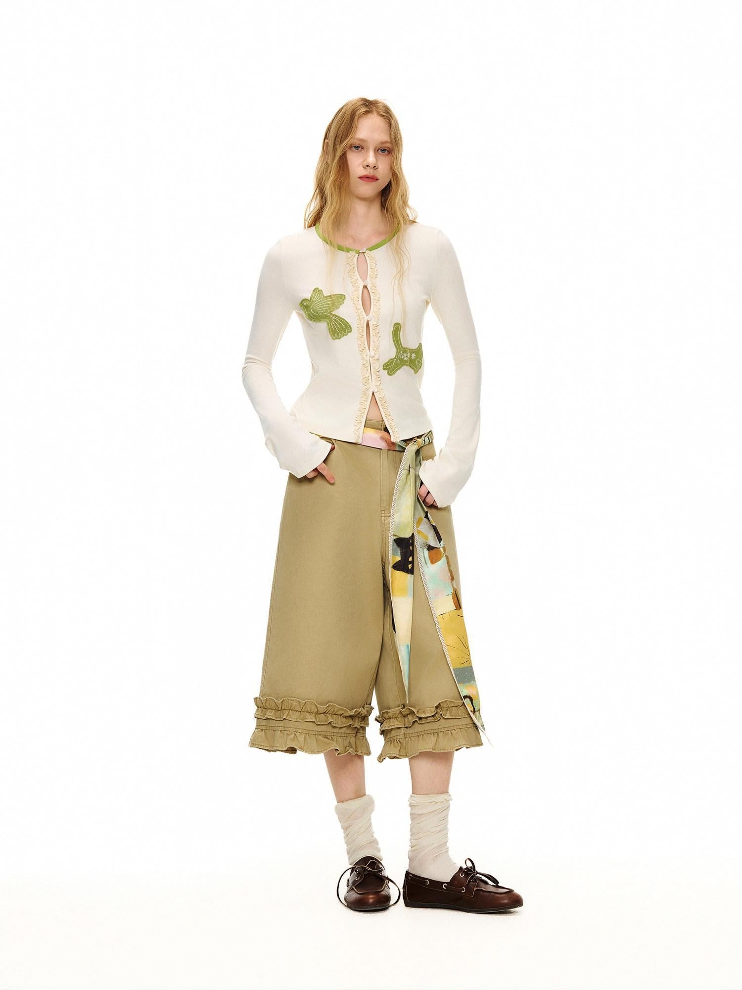 OuttheBlue Bud Green Bird Embroidered Slim Cardigan Women&