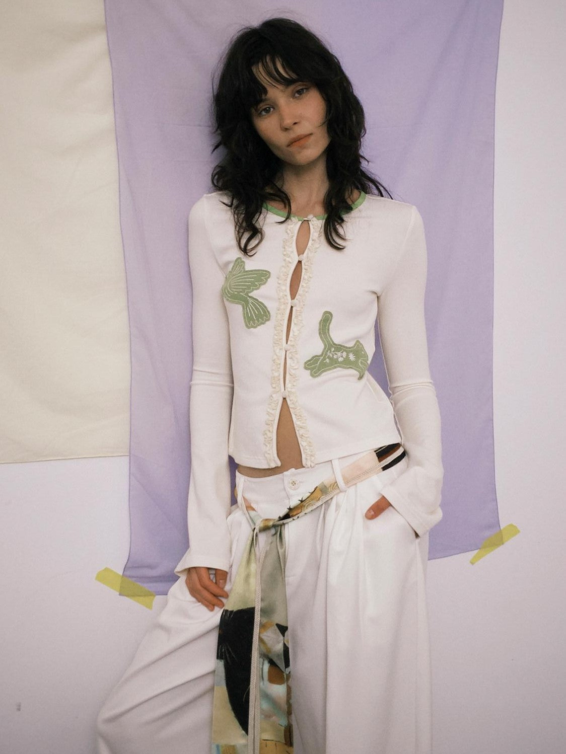 OuttheBlue Bud Green Bird Embroidered Slim Cardigan Women&