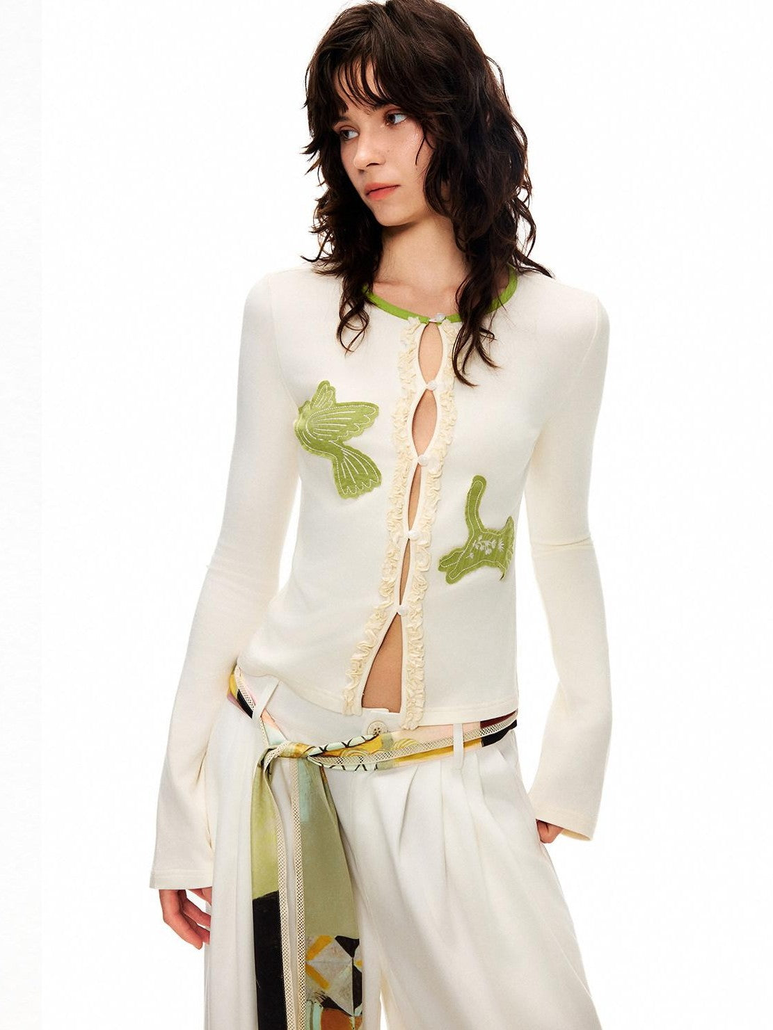 OuttheBlue Bud Green Bird Embroidered Slim Cardigan Women&
