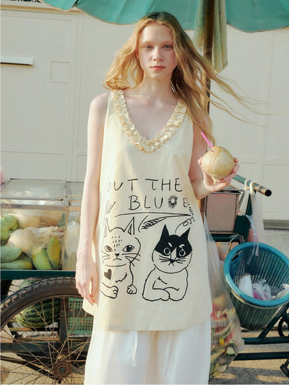 OuttheBlue Butter Yellow Tencel Cotton Frill Vneck Animal Print Casual Mini Dresses