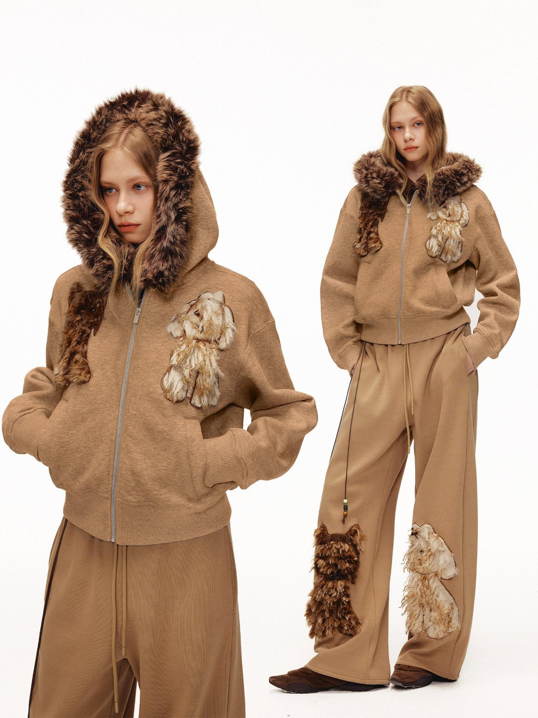 OuttheBlue Camel Dog Applique Embroidery Faux Fur Hood Women&