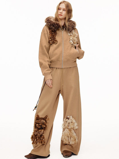OuttheBlue Camel Dog Applique Embroidery Faux Fur Hood Women&