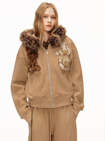 OuttheBlue Camel Dog Applique Embroidery Faux Fur Hood Women&