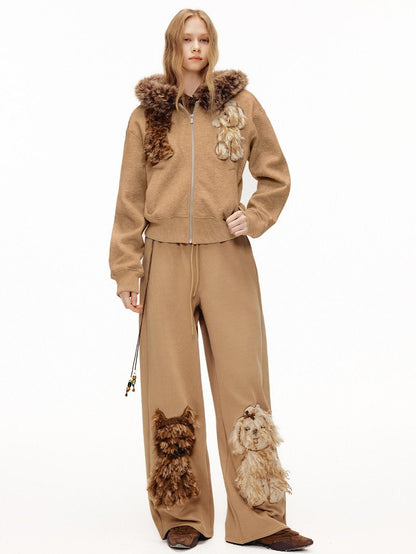 OuttheBlue Camel Dog Applique Embroidery Faux Fur Hood Women&