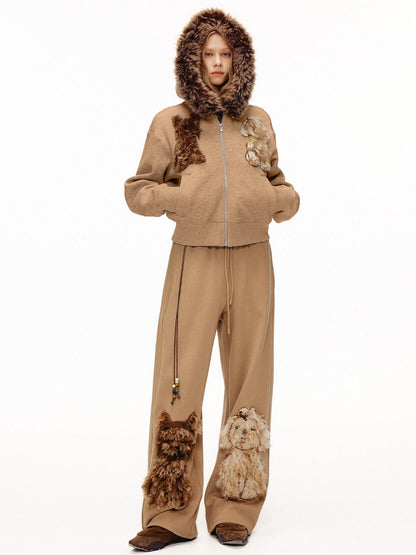 OuttheBlue Camel Dog Applique Embroidery Faux Fur Hood Women&