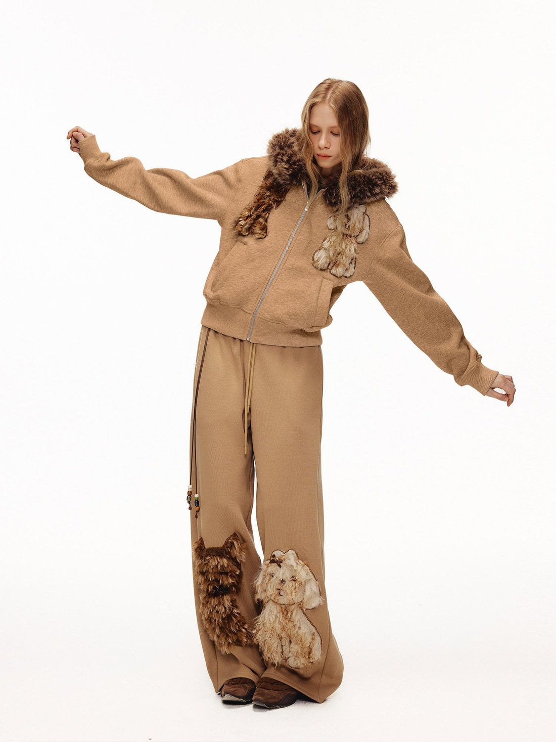 OuttheBlue Camel Dog Applique Embroidery Faux Fur Hood Women&