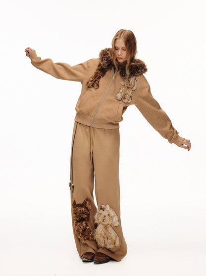 OuttheBlue Camel Dog Applique Embroidery Faux Fur Hood Women&