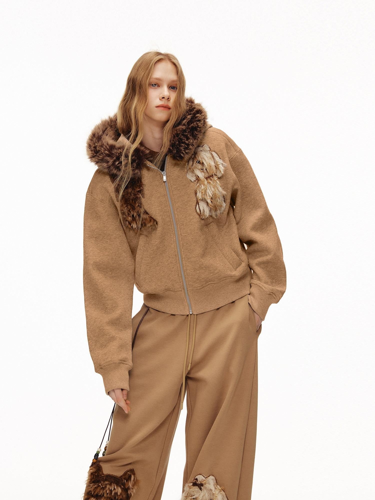 OuttheBlue Camel Dog Applique Embroidery Faux Fur Hood Women&