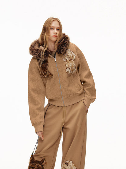 OuttheBlue Camel Dog Applique Embroidery Faux Fur Hood Women&