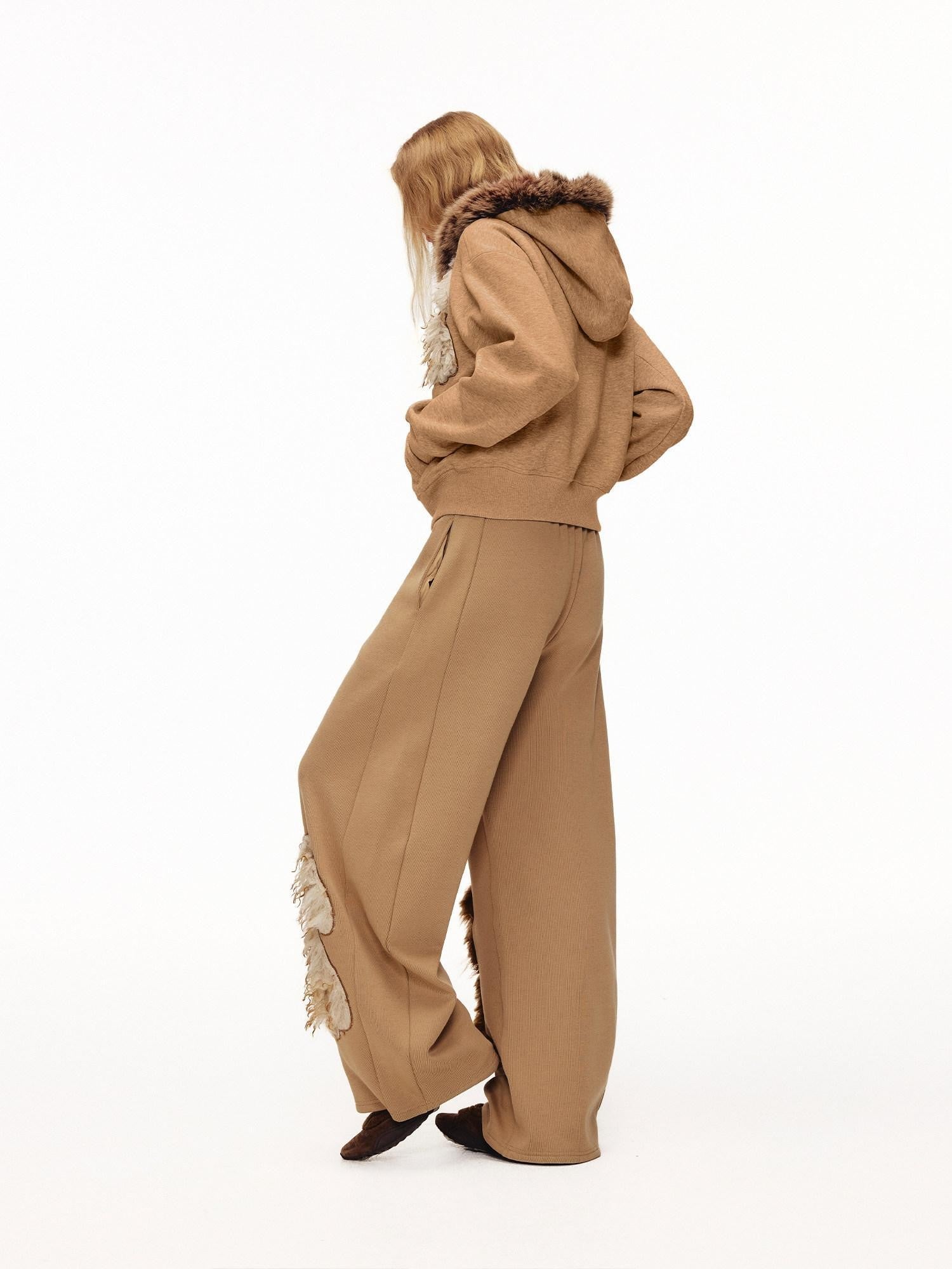 OuttheBlue Camel Dog Applique Embroidery Faux Fur Hood Women&